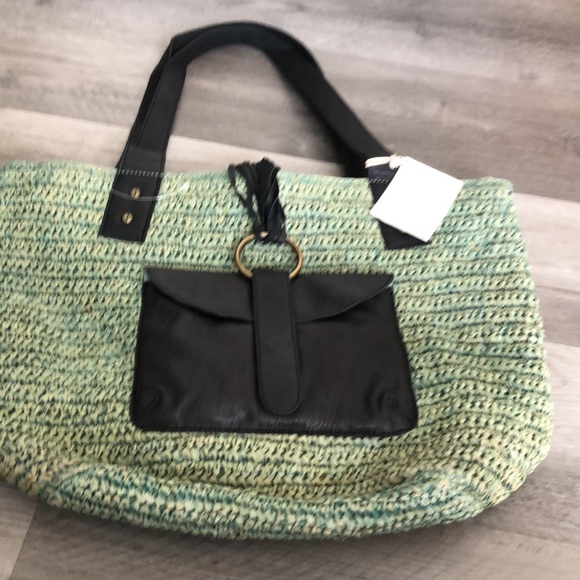 Free People Green En Riva Raffia Tote Black Leather Accents NWT - Picture 7 of 16